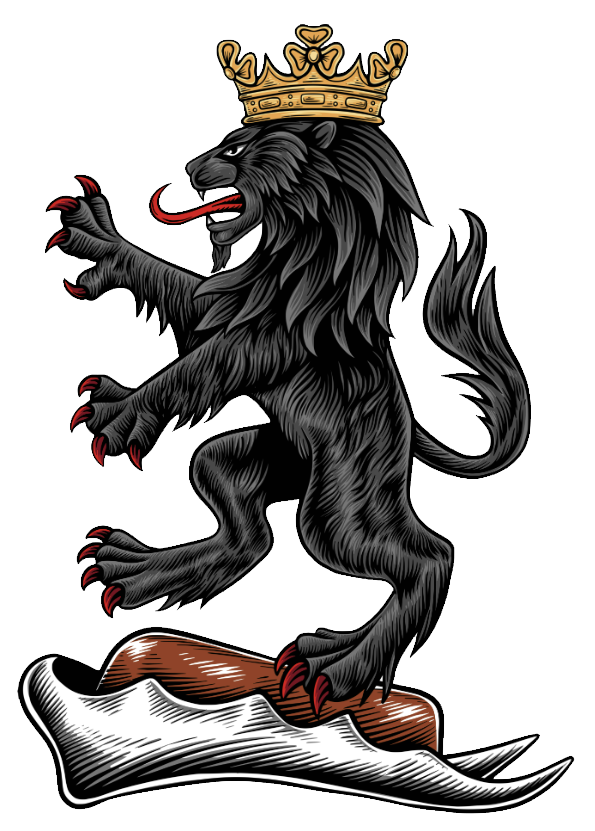 Heraldic Crest of the Baron of Irrus - A black lion rampant, with a shamrock coronet, upon a red chapeau with white lining